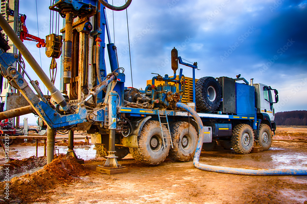 Drilling rig. Drilling deep wells. Industry Mineral exploration. Belarus. Salihorsk 2020